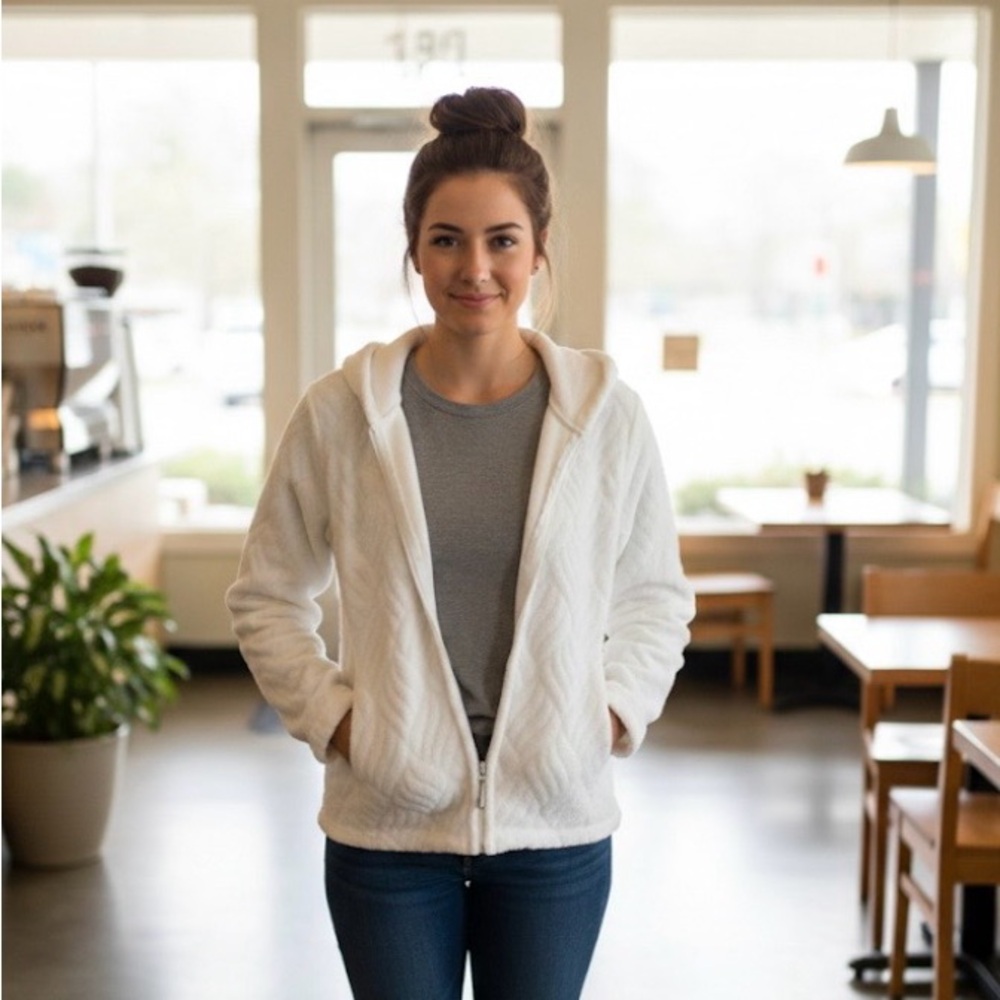 French Laundry Women Petite Medium White Hoodie Full Zipper Pockets Sweater